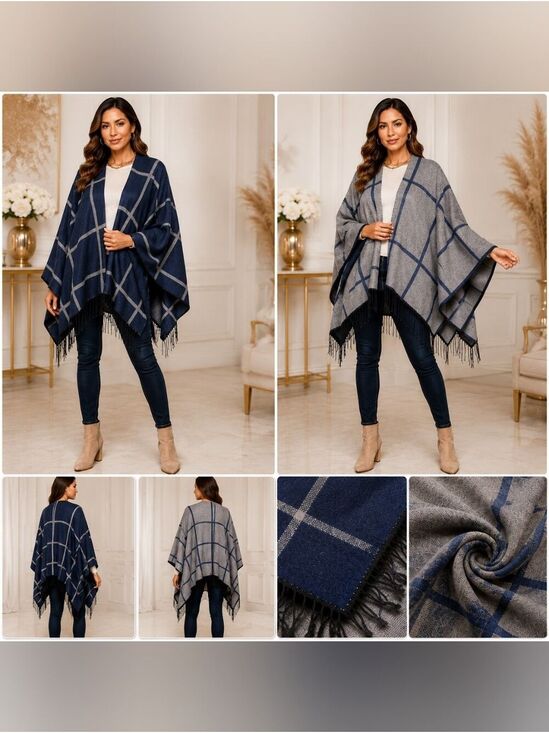 Kollie More Sweaters - Kollie More | Reversible Shawl | Versatile Wrap | Gray & Navy Blue
